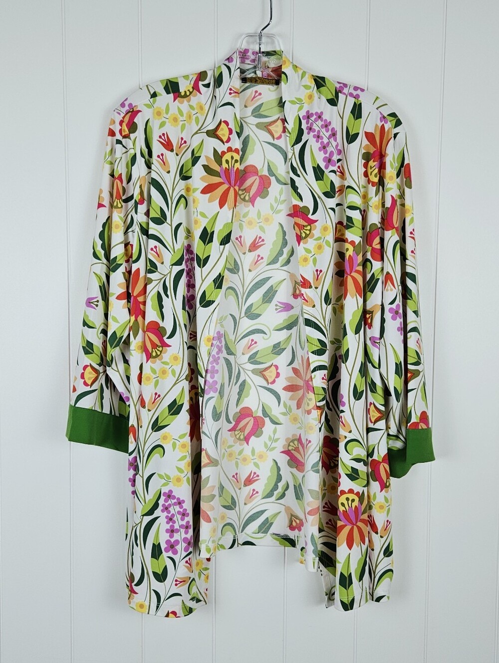 Bob Mackie Cardigan Floral Stretch Womens 1x Green White Colorful Lightweight